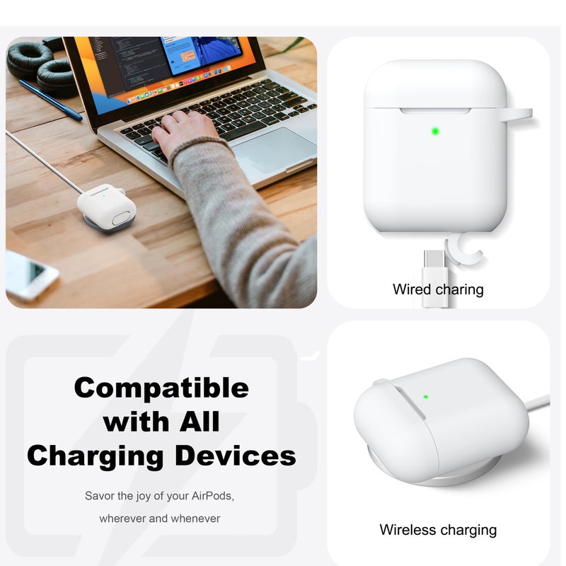 R-fun Compatible with AirPods Case Cover, Soft Silicone Protective Cover with Keychain for Women Men Compatible with Apple AirPods 2nd 1st Generation Charging Case, Front LED Visible,White - Image 4